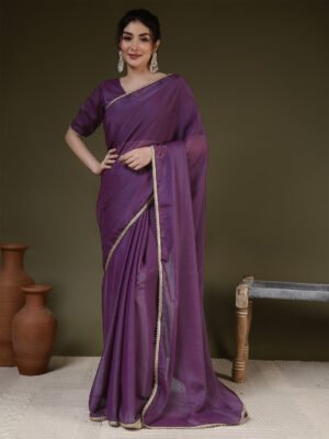 Women'S Purple Silk Blend Solid Saree
