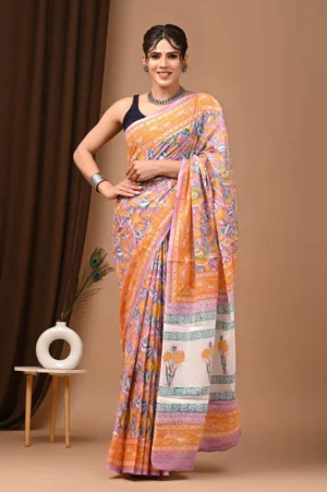 Blush Bagru Print Cotton Saree For Women