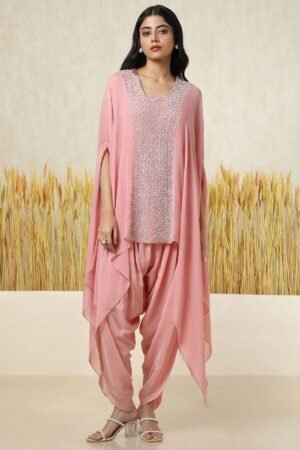 Blush Pink Georgette Embellished Kaftan Suit With Cutdana