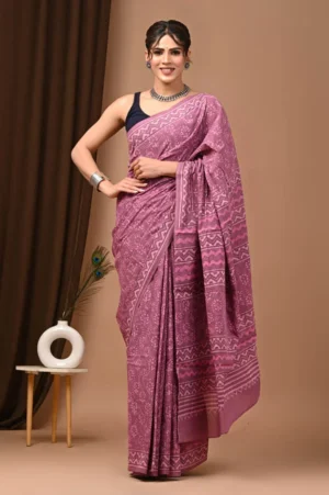 Brownish Purple Bagru Print Cotton Saree For Women