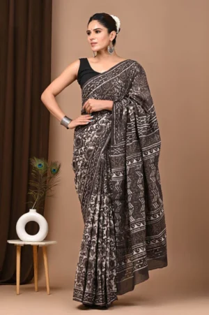Carbon Grey Bagru Print Cotton Saree For Women