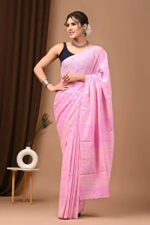 Carnation Pink Bagru Print Cotton Saree For Women