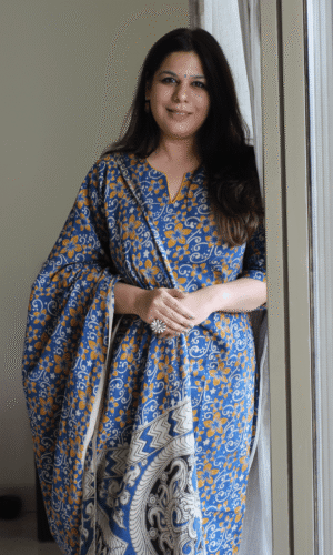 Cotton Blue & Yellow Handblock Kalamkari Kurta & Dupatta