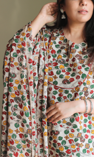 Cotton Handblock Kalamkari Beige & Red Story Kurta & Dupatta