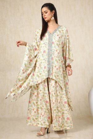 Cream Floral Print Viscose Muslin Kaftan Suit With Cutdana