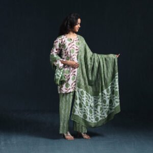 Green - Hand Block Batik Print Cotton Suit Set With Dupatta For Women 06