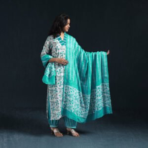 Green - Hand Block Batik Print Cotton Suit Set With Dupatta For Women 08