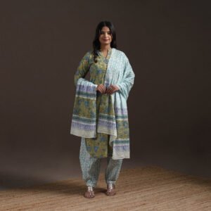 Green - Hand Block Print Cotton Sanganeri Suit Set With Dupatta For Women 19