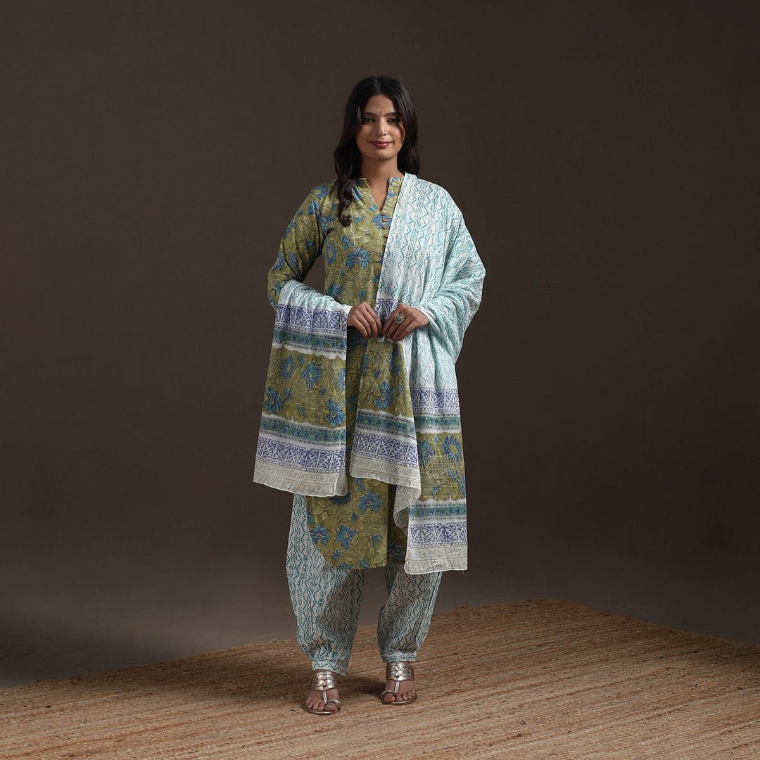 Green - Hand Block Print Cotton Sanganeri Suit Set With Dupatta For Women 19
