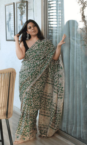 Green Handblock Kalamkari Silk Saree