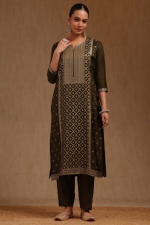 Green Russian Silk Zari Woven Kurta Set With Zari Woven
