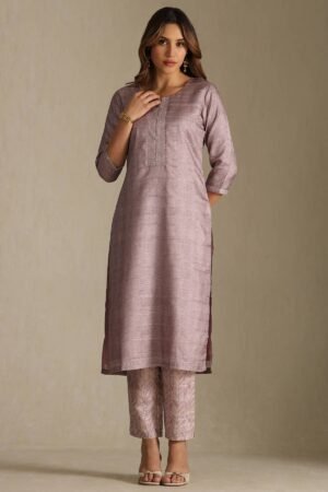 Lavender Art Silk Striped Kurta Set With Sequins
