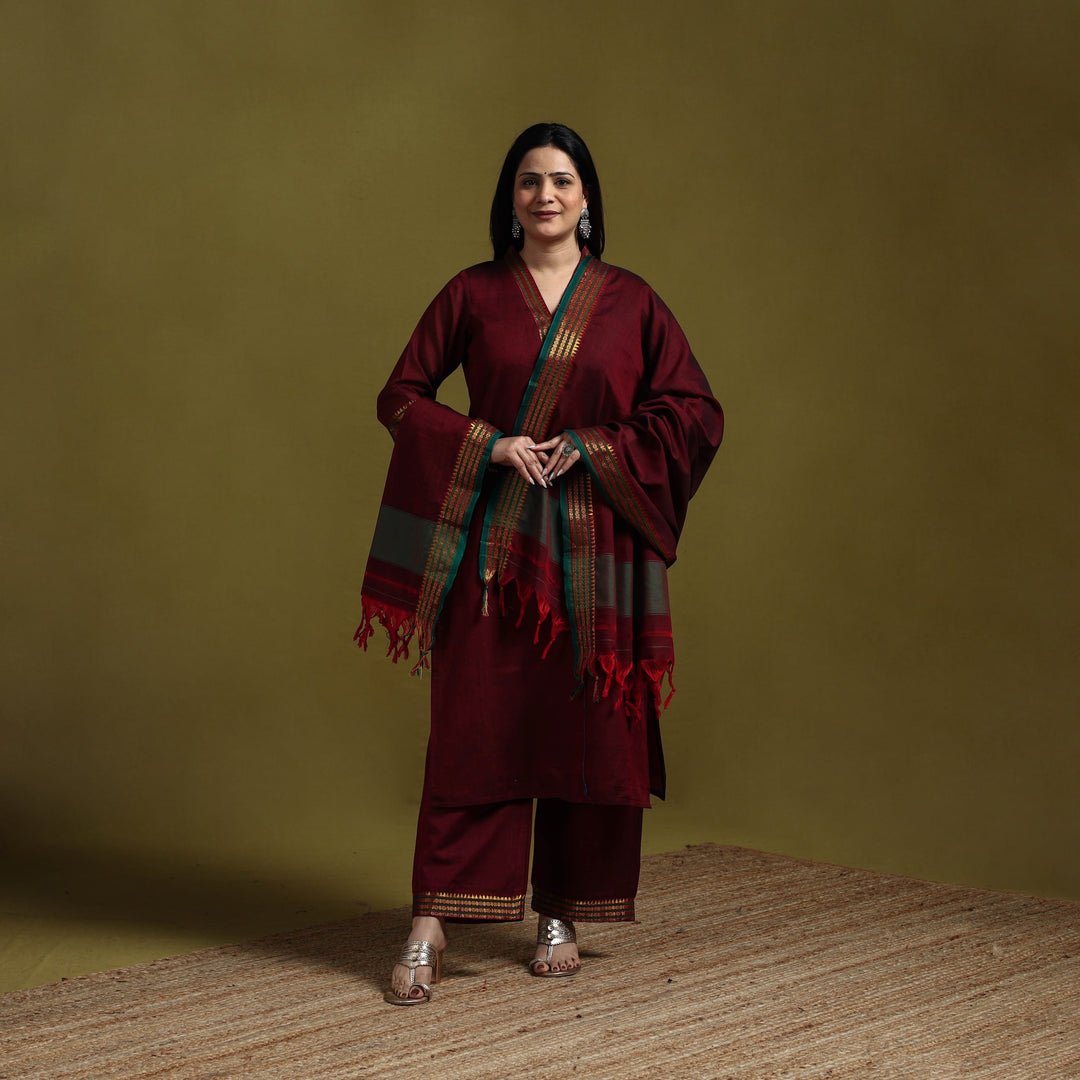 Maroon - Dharwad Cotton Suit Set With Dupatta For Women 09
