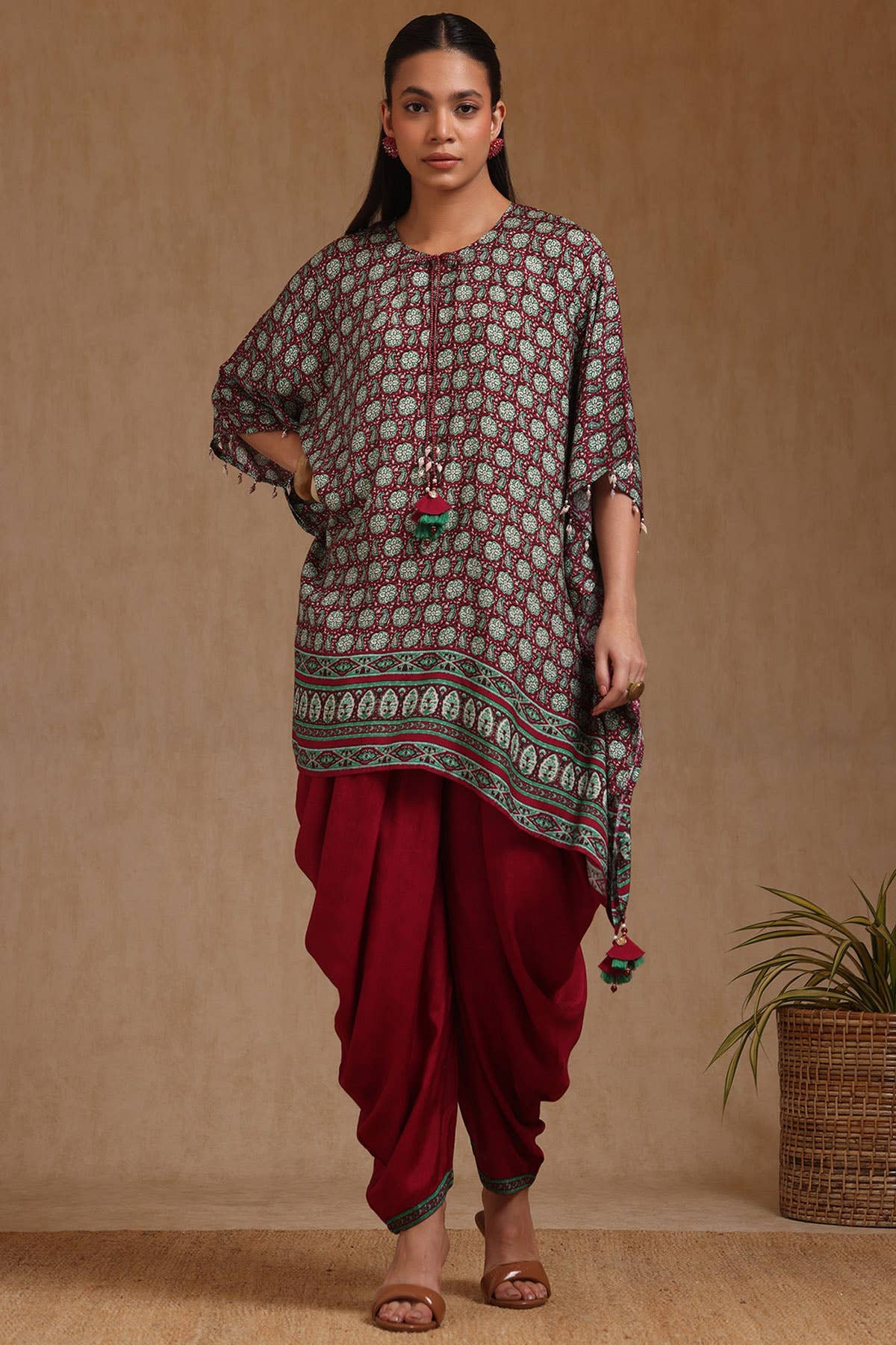 Maroon Muslin Floral Print Kaftan Suit With Tassels