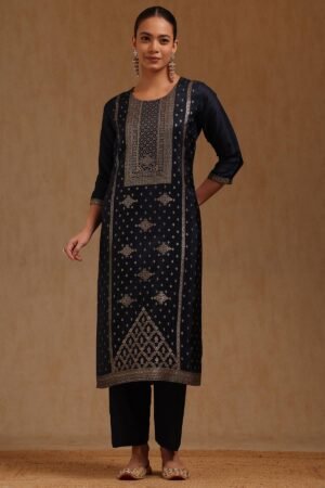 Navy Blue Russian Silk Zari Woven Kurta Set With Zari Woven