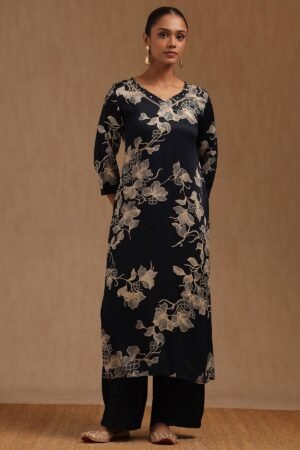 Navy Blue Satin Floral Print Kurta Set With Pearl