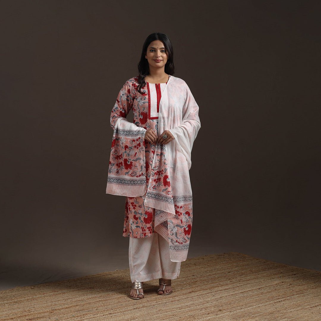 Pink - Hand Embroidered Block Print Cotton Sanganeri Suit Set With Dupatta For Women 10