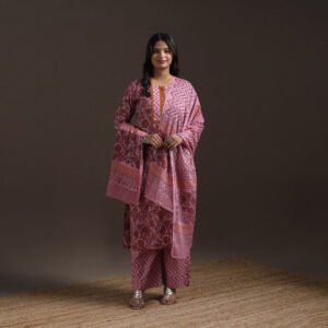 Pink - Hand Embroidered Block Print Cotton Sanganeri Suit Set With Dupatta For Women 07