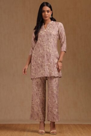 Purple Muslin Floral Print Co-Ord Set With Thread Work
