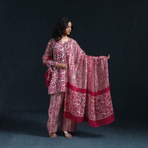 Red - Hand Block Batik Print Cotton Suit Set With Dupatta For Women 05