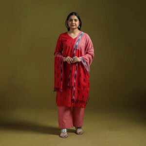 Red - Handloom Cotton Pochampally Ikat 3pc Kurta Set For Women 14
