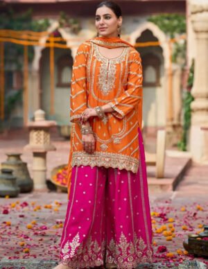 Floral Embroidered Sequinned Kurta Set With Palazzos & Dupatta