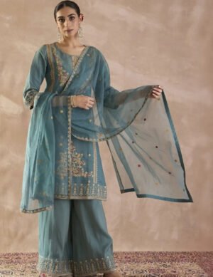 Floral Embroidered Kurta Set With Palazzos & Dupatta