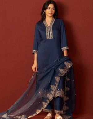 Navy Blue Embroidered Thread Work Kurta Set