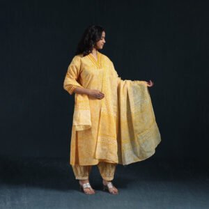 Yellow - Hand Block Batik Print Cotton Suit Set With Dupatta For Women 11