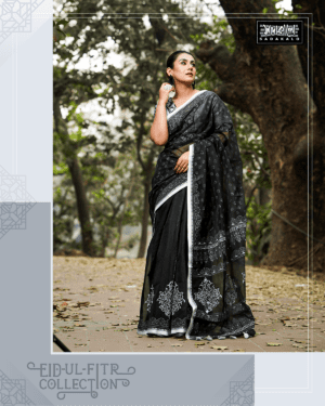 Eid Festival Block Printed Half Silk Fabric Sharee