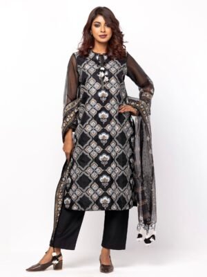 Black Embroidered Retro Print Theme Shalwar Kameez