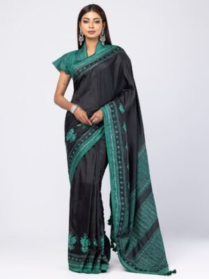 Black Nakshi Kantha Embroidered Silk Saree