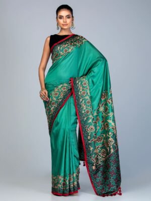 Sea Green Printed And Embroidered Silk Saree