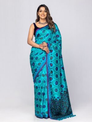 Turquoise Printed silk saree