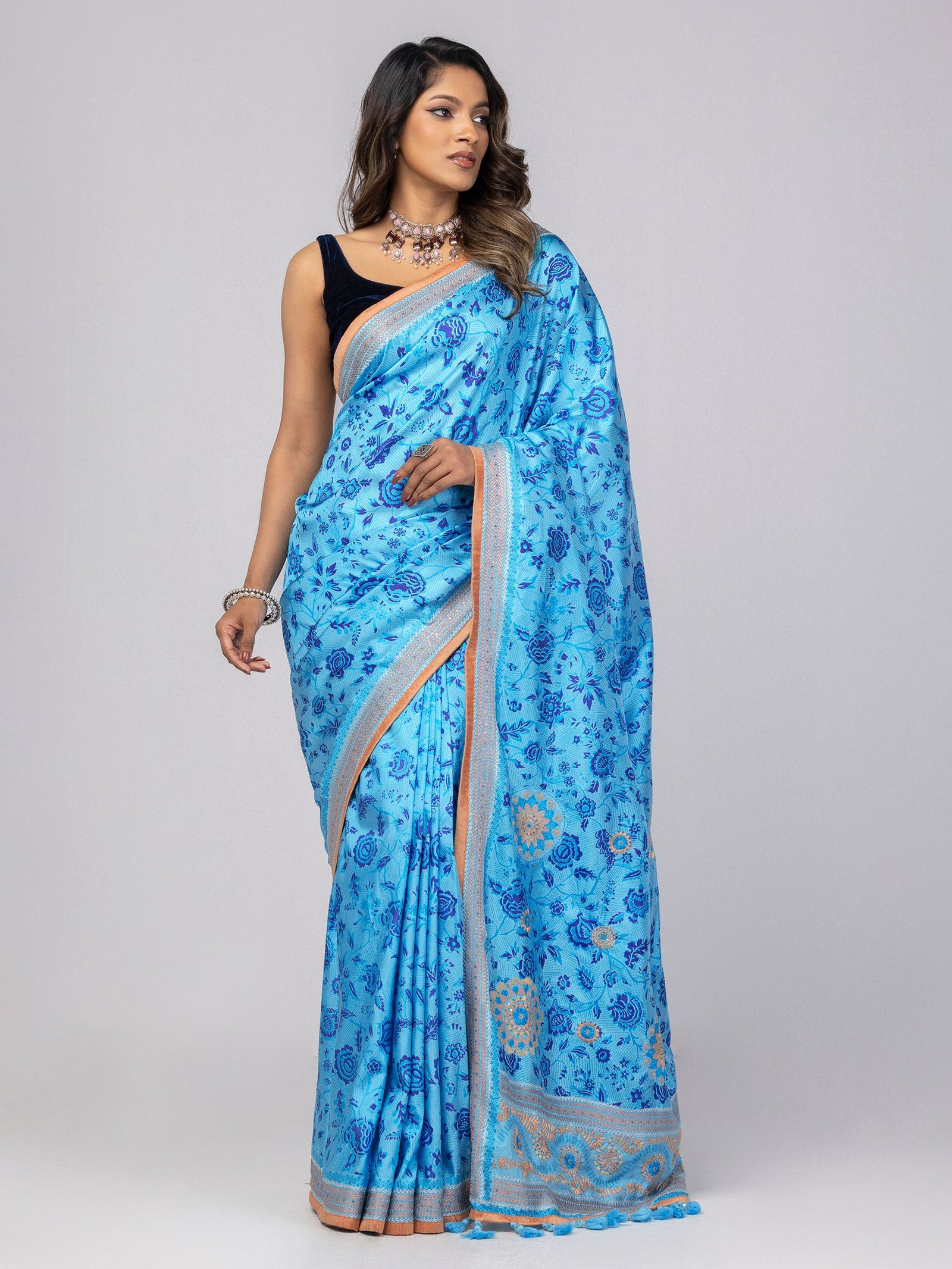 Light Cyan Printed And Nakshi Kantha Embroidered Silk Saree