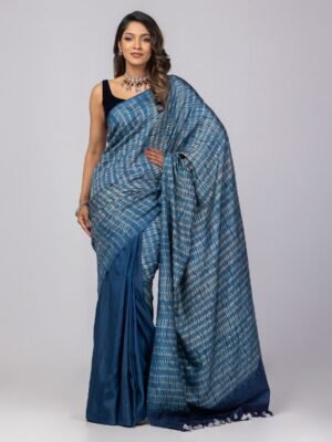 Slate Blue Dyed And Nakshi Kantha Embroidered Silk Saree