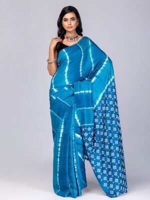 Blue/off White Tie-Dyed And Printed Silk Saree
