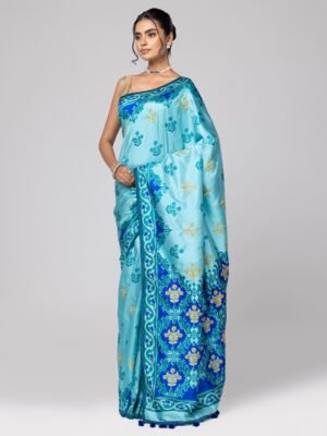 Aqua Blue Printed And Nakshi Kantha Embroidered Silk Saree