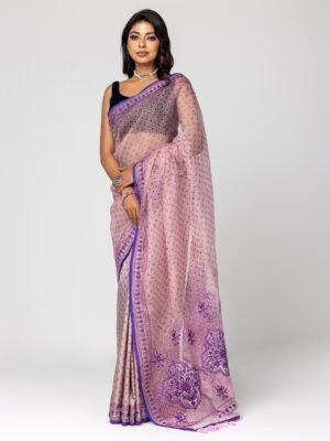 Baby Pink Printed And Embroidered Silk-Muslin Saree