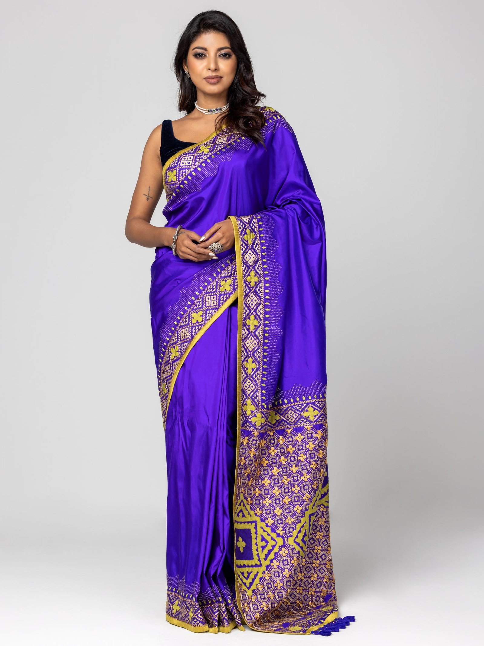 Indigo Appliqued And Embroidered Silk Saree