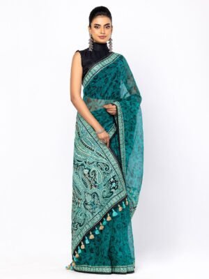 Turquoise Printed And Nakshi Kantha Embroidered Muslin Saree