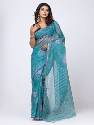 Turquoise/green Half Silk Jamdani Saree