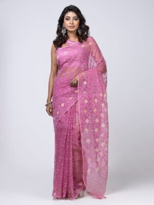Dark Onion Pink Half Silk Jamdani Saree