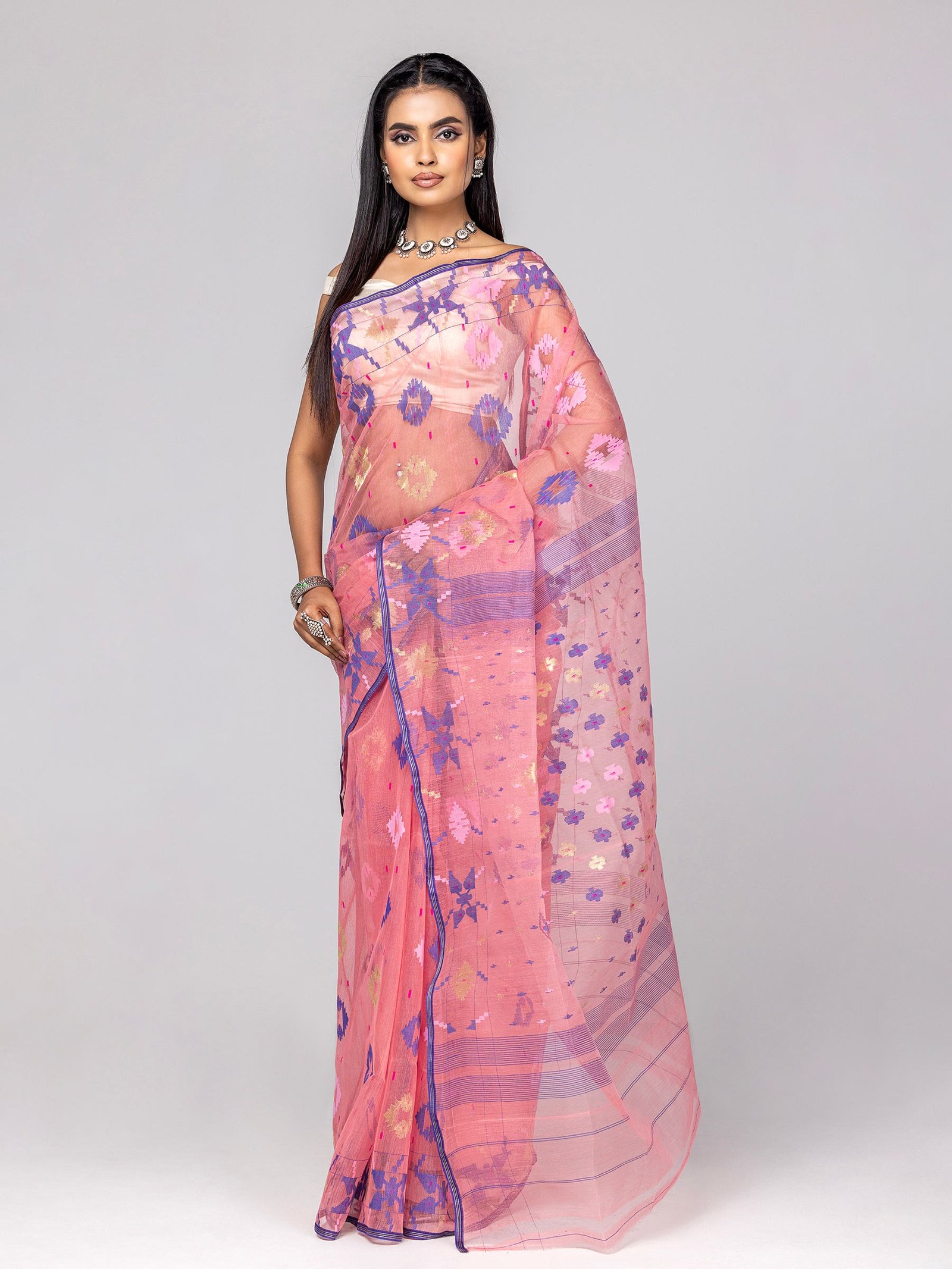 Watermelon Pink Half Silk Jamdani Saree