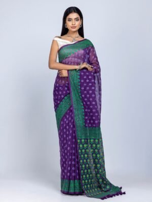 Purple Printed And Embroidered Half Silk Saree