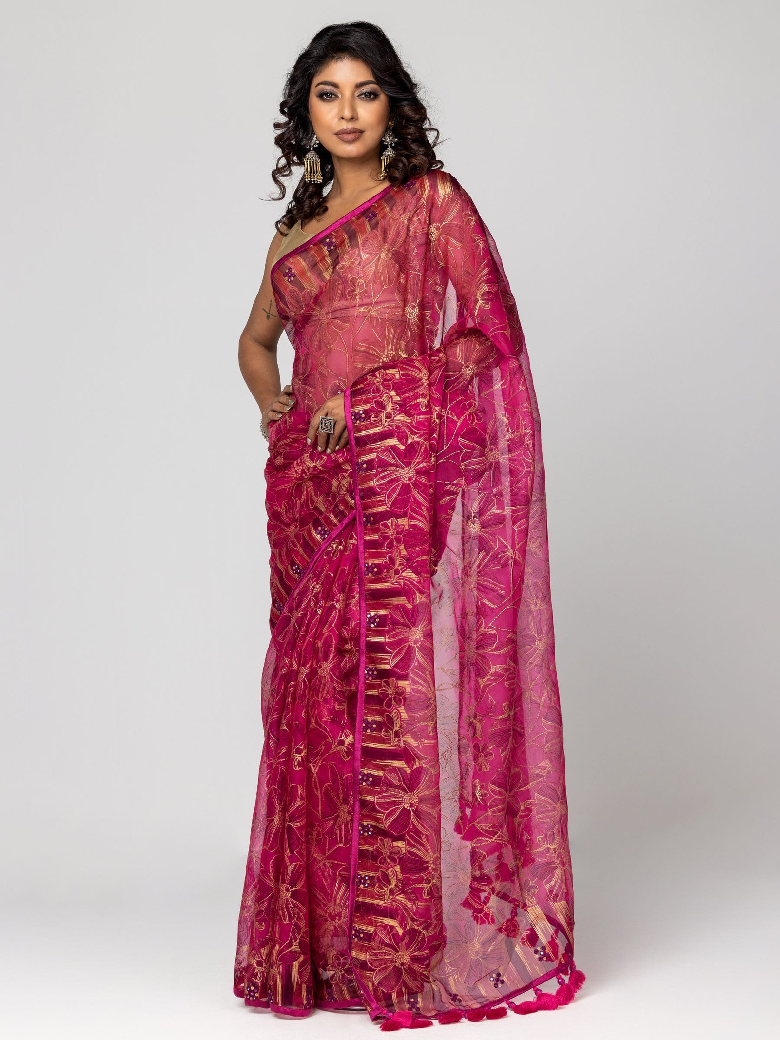 Magenta Printed Muslin Saree