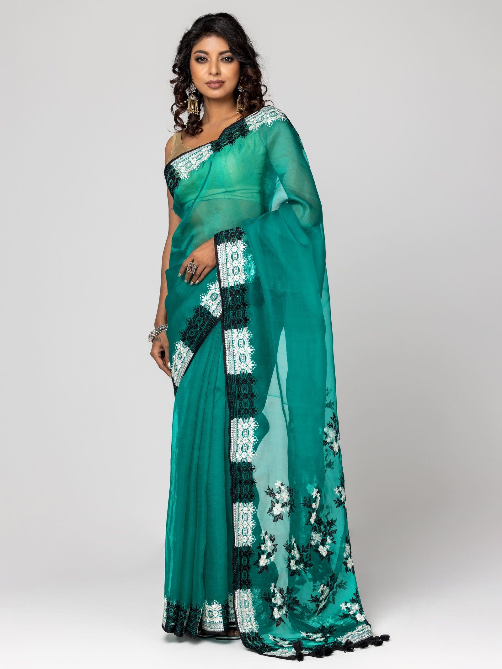 Green Printed And Embroidered Muslin Saree