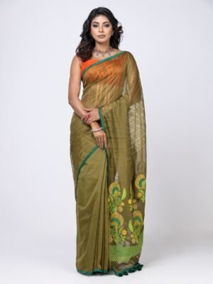 Olive Printed And Embroidered Half Silk Saree