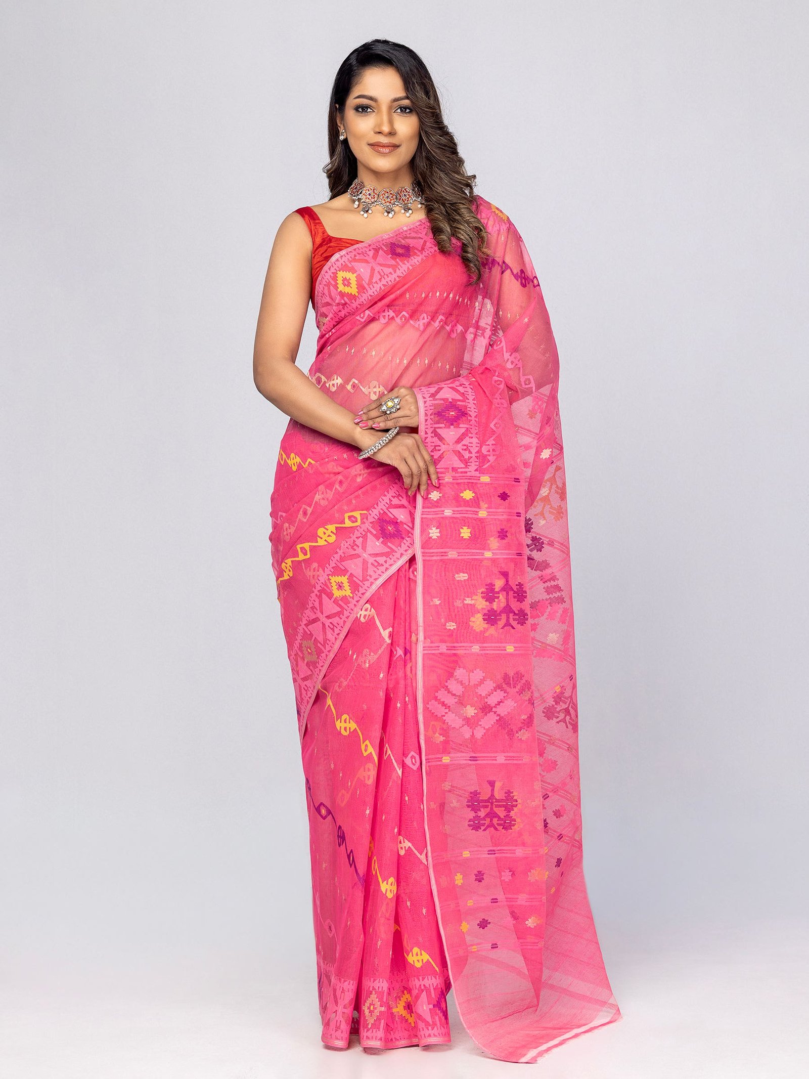 Watermelon Pink Half silk jamdani saree