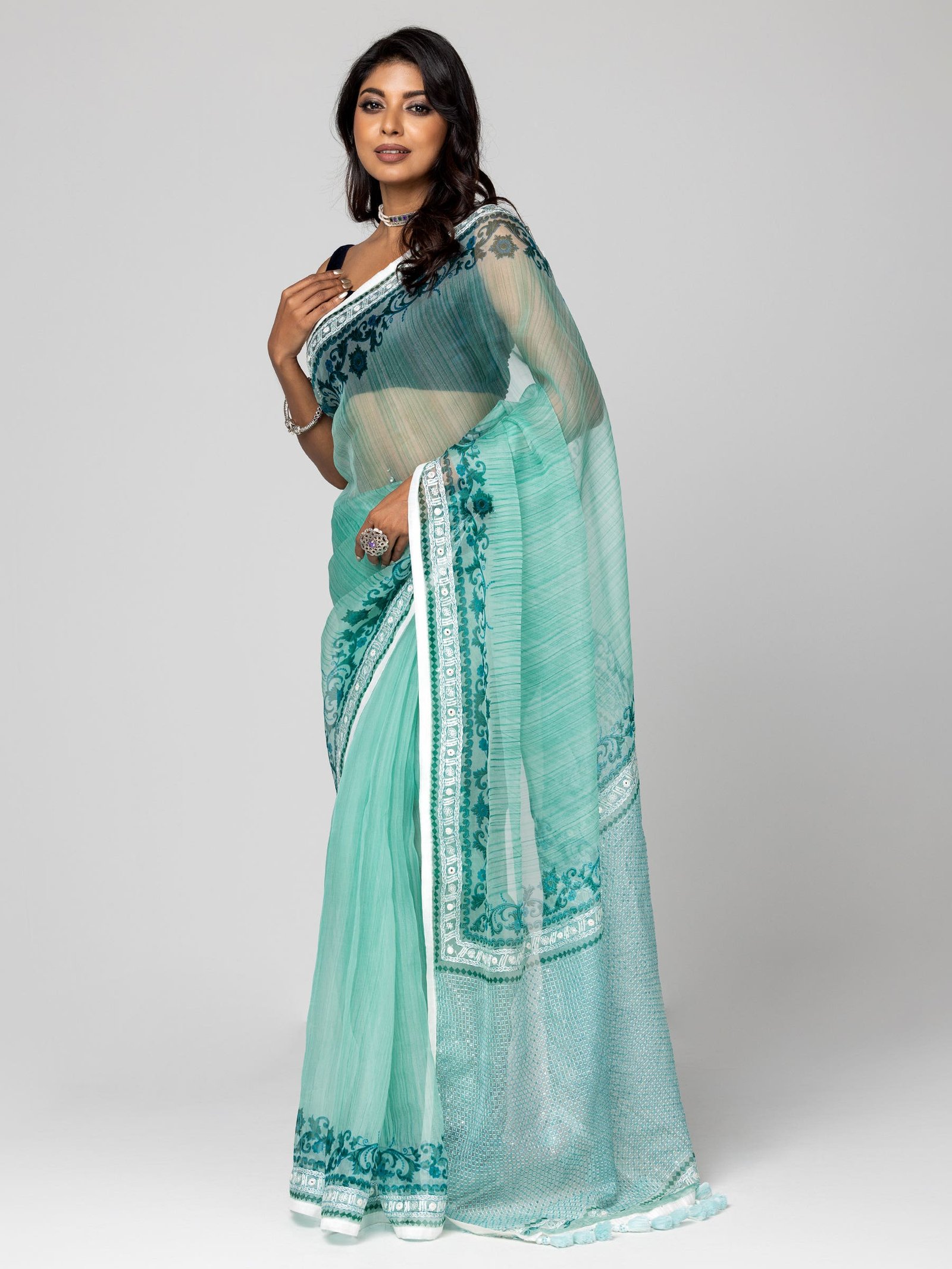 Mint Green Brush Painted And Embroidered Muslin Saree